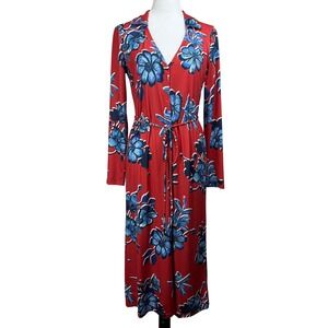 Zara Red Blue Floral Long Sleeve Button Front Midi Dress Small Colorful Boho
